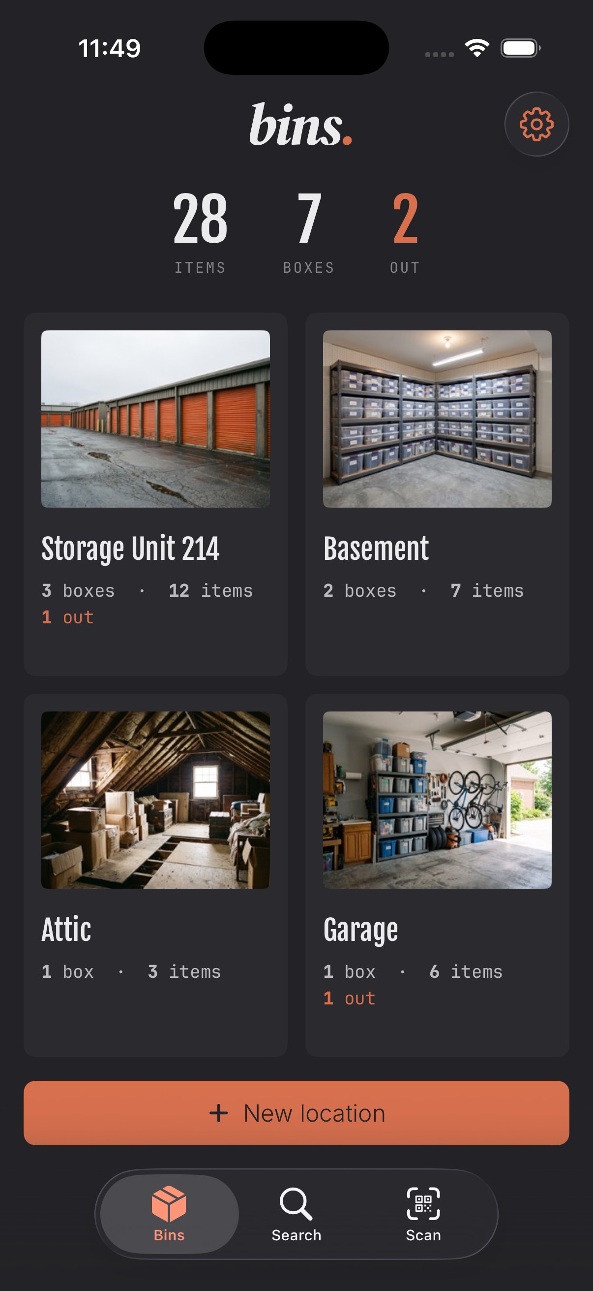 Basic Bins screen