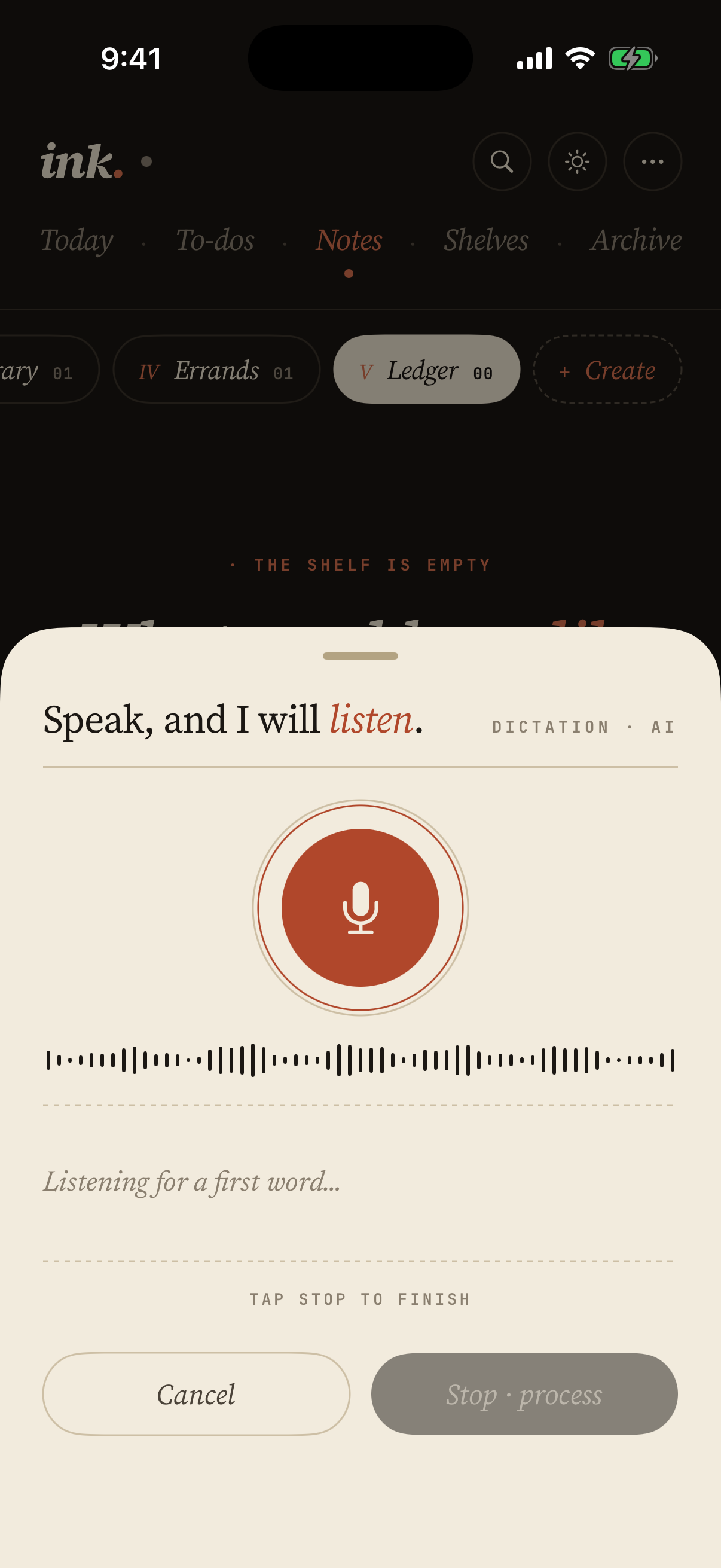 Ink dictation screen