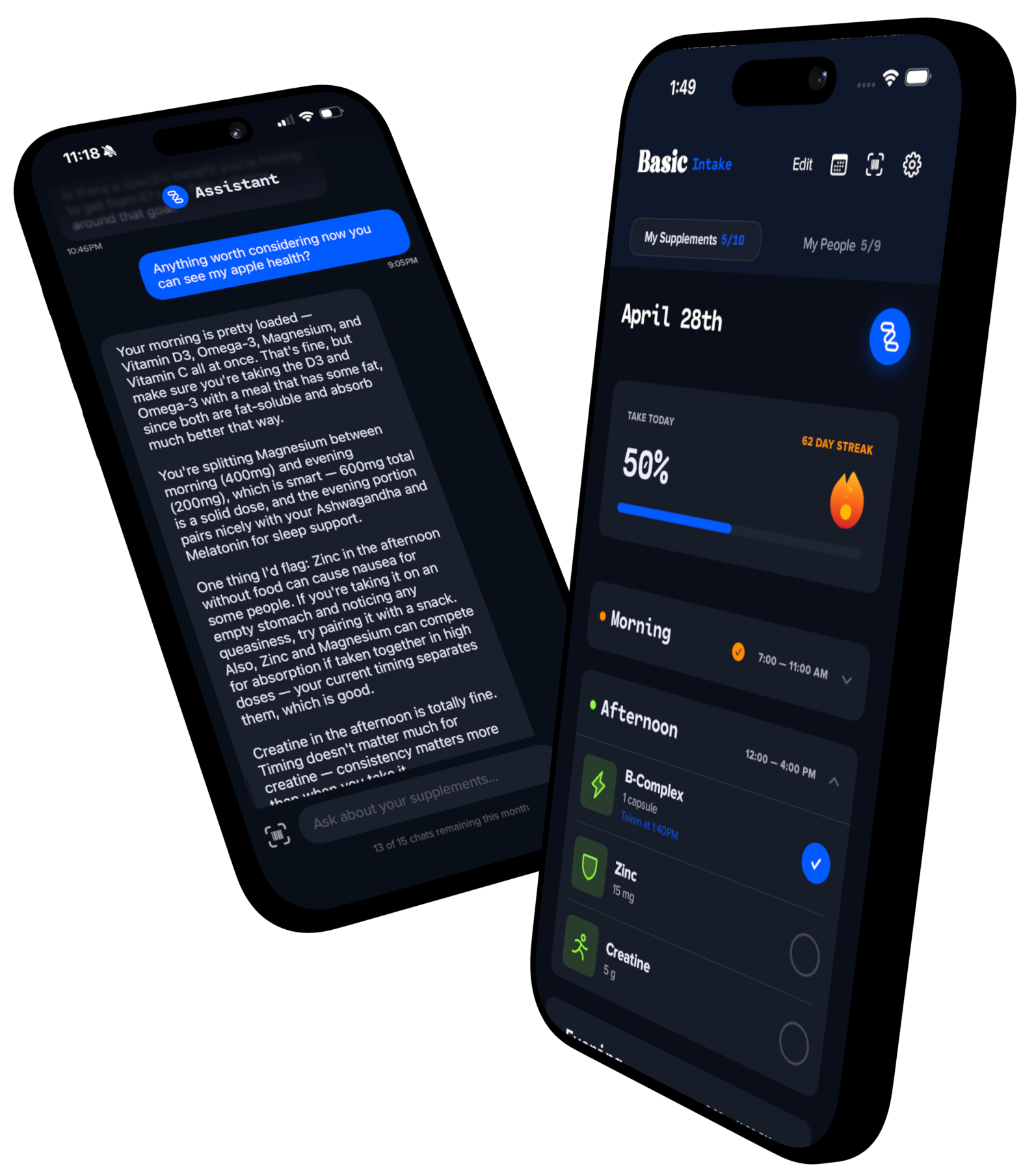 Basic Intake app showing supplement tracking